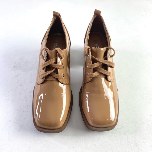 Soda Beige Square Toe Patent Leather Block Heel Lace Up Glossy Loafers Sz 10 - Picture 6 of 11